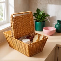 Rectangular Khous woven storage basket with an open hinged lid and a white fabric liner, light brown color. - view 1