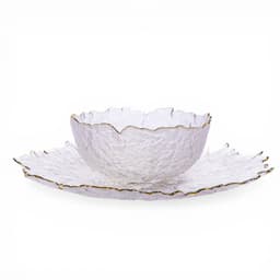 Glass Serving Bowl & Plate Set - Gold Rim Clear Textured - view 1