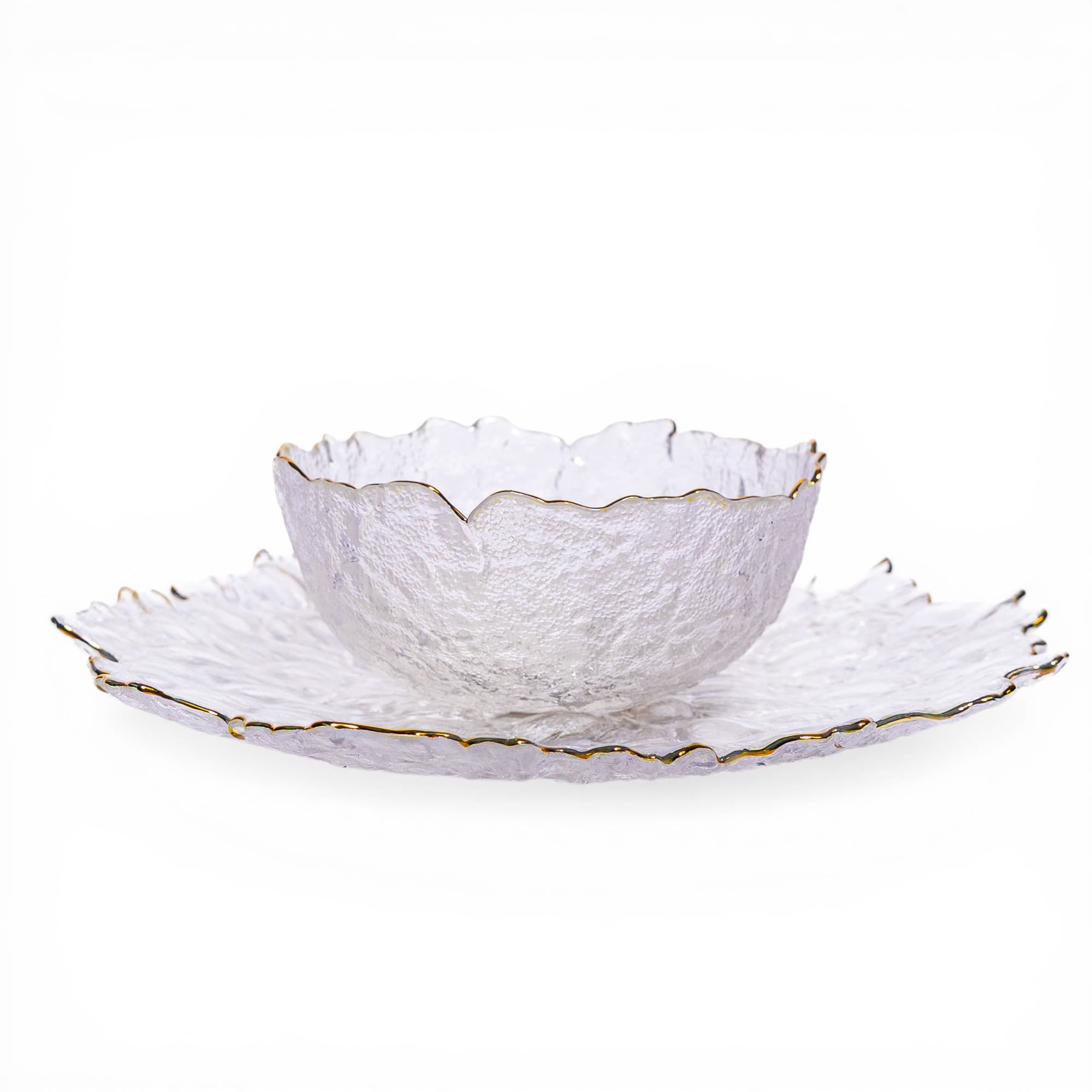 Glass Serving Bowl & Plate Set - Gold Rim Clear Textured