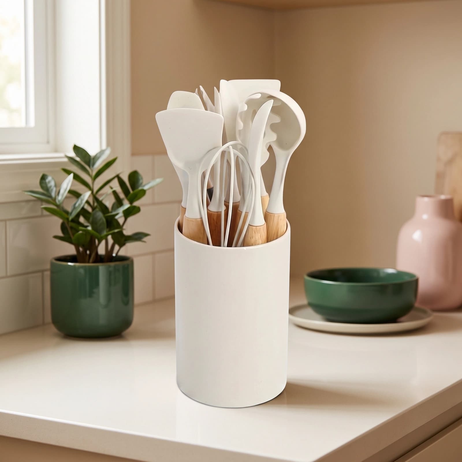 Silicone Kitchen Utensil Set with Holder - 10 Pcs Cream