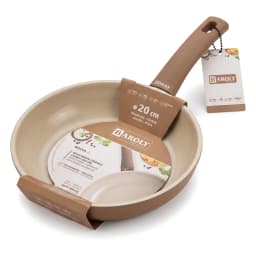 Mocha beige ceramic frying pan with a soft-touch handle, 20 cm diameter, shown with product label on a white surface. - view 2