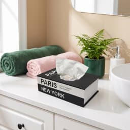 Black and white cartoon tissue box shaped like a book with 'PARIS' and flower design on a white shelf - view 5