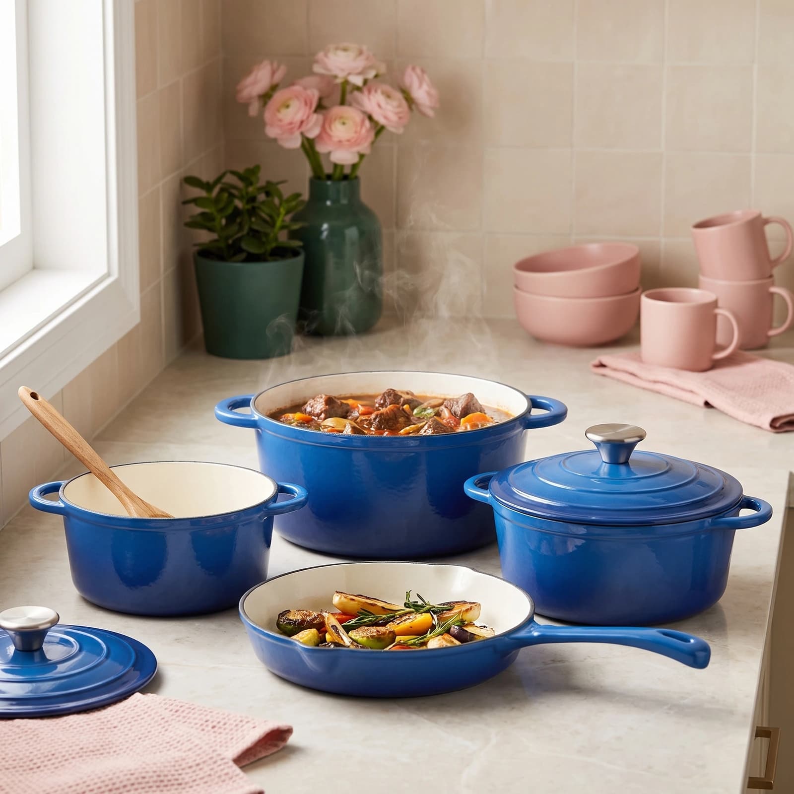 4-Piece Blue Cast Iron Cookware Set - Pots & Frying Pan - Cookware
