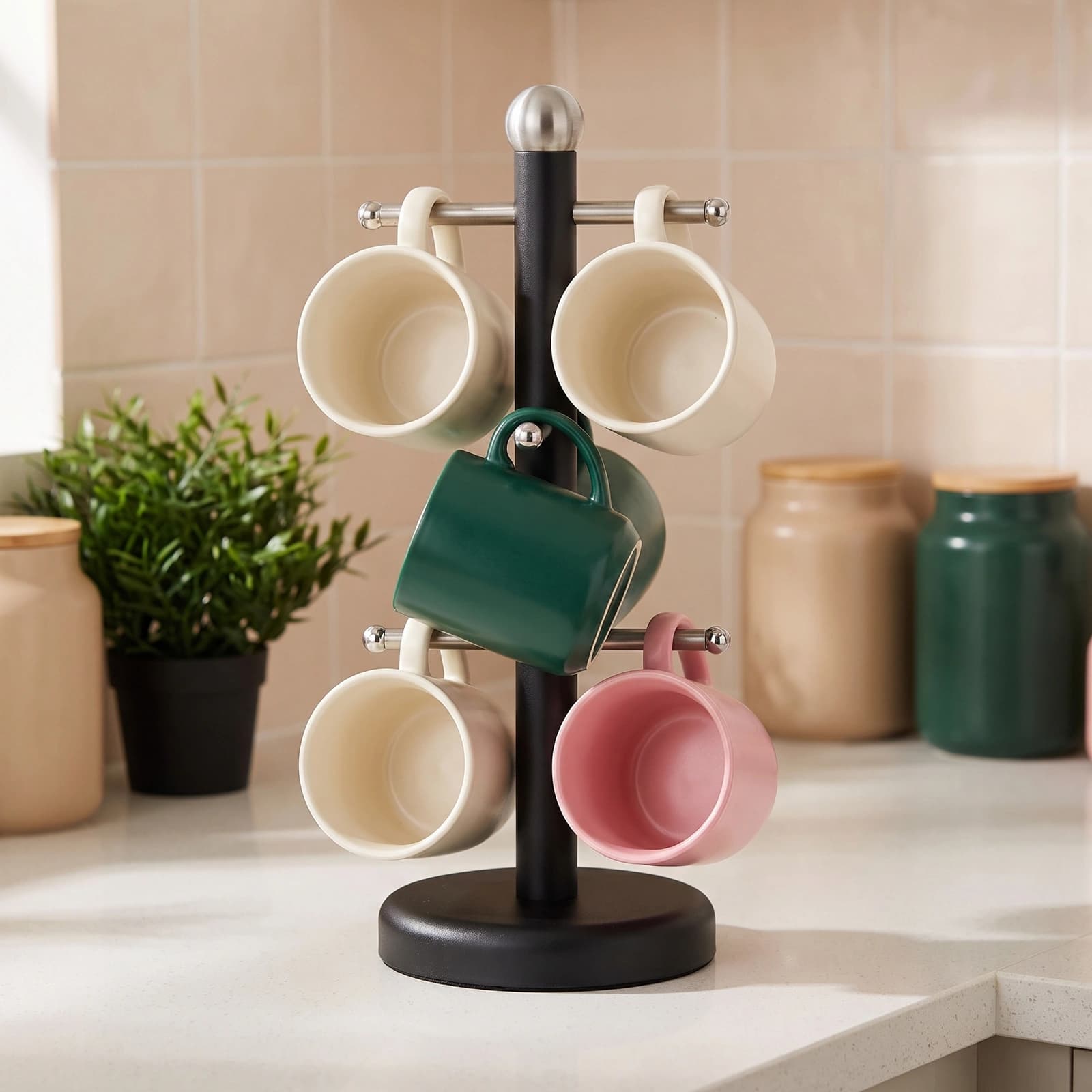 Metal Mug Holder Stand - Black with 6 Hooks