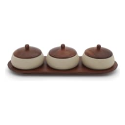 Porcelain Condiment Jars with Wood Tray - 3 Pcs Beige/Brown - view 2