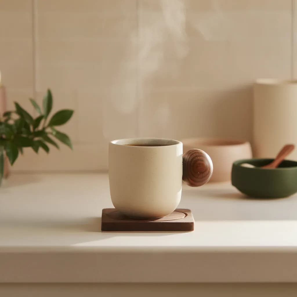 Ceramic Cup with Wooden Handle & Coaster Set - Cream - Kitchen essentials