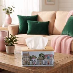 Rectangular light blue metal tissue box with colorful house design and natural wood top, on a wooden coffee table. - view 1