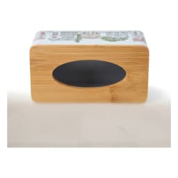 Rectangular light blue metal tissue box with colorful house design and natural wood top, on a wooden coffee table. - view 5