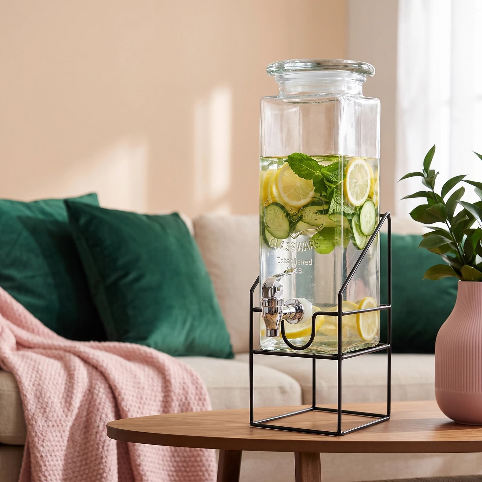 Clear glass drink dispenser with metal spigot and black metal stand, filled with water, lemon, cucumber, and mint on a woode…