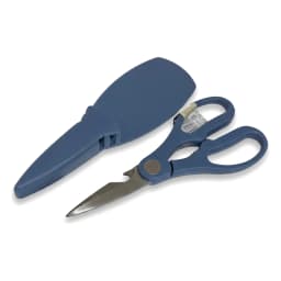 Blue kitchen scissors with silver metal blades and a blue protective sheath, resting on a white background. - view 3