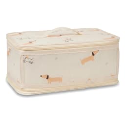 Rectangular beige fabric storage box with brown dachshund dog pattern and a beige zipper and handle on a white background - view 3