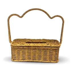 Rectangular Khous woven tissue box cover with a decorative arched handle in natural brown color on a white background. - view 2