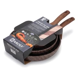 Two brown speckled granite fry pans with wood-look handles, one nested inside the other, on a kitchen counter with garlic an… - view 2