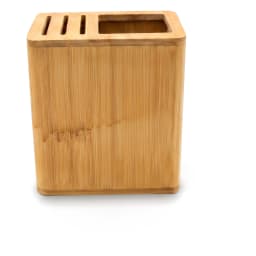 Light brown wooden knife block with three vertical slots and one larger rectangular slot on a white background. - view 3