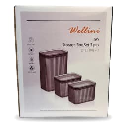 Three amber ribbed acrylic storage containers with square lids, filled with pasta and nuts, on a kitchen counter. - view 3