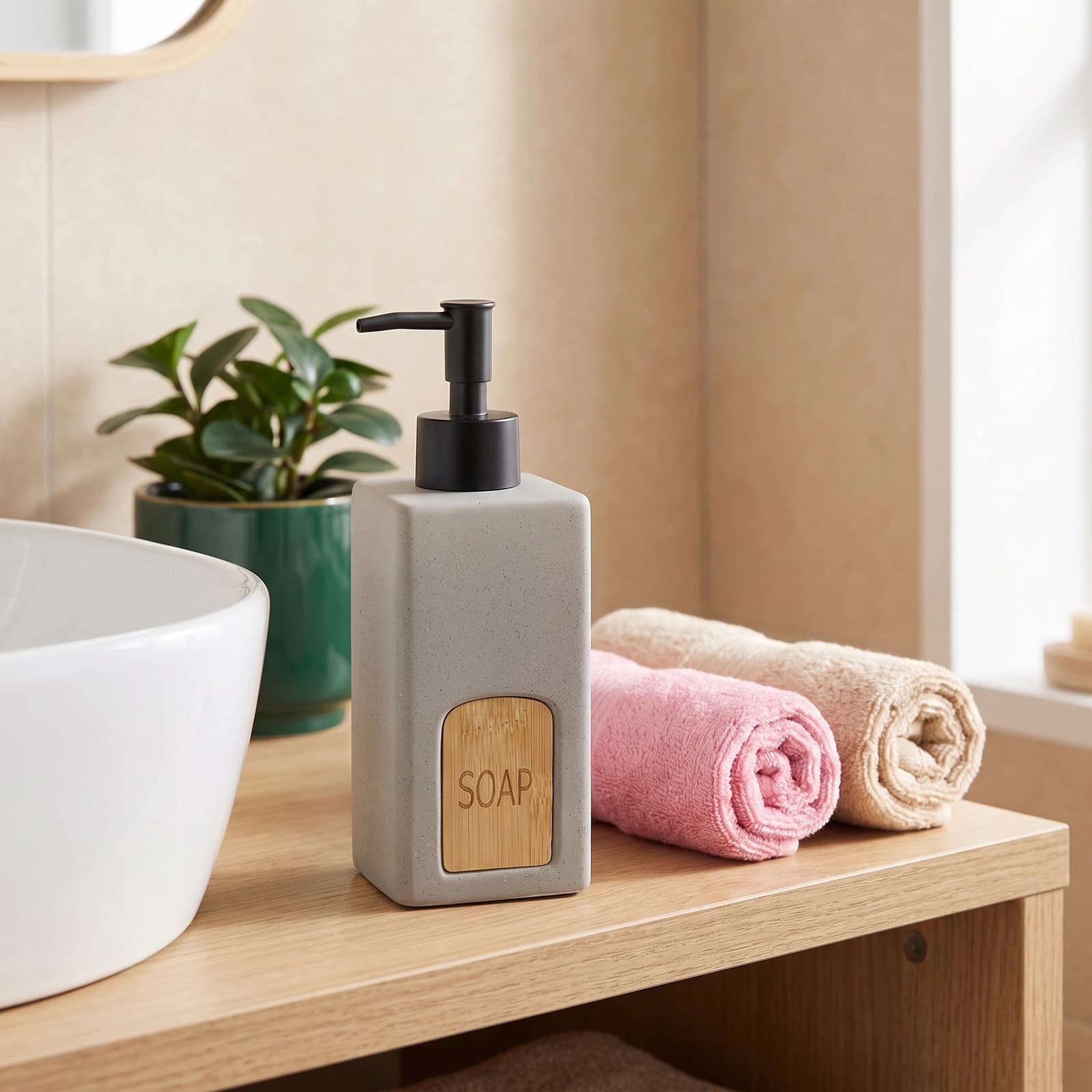 Single grey ceramic soap dispenser with a black plastic pump and a light wooden label engraved with 'SOAP' on a wooden vanit…