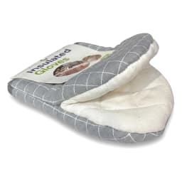 Folded grey and white plaid insulated oven mitt with a white quilted interior, on a white background. - view 2