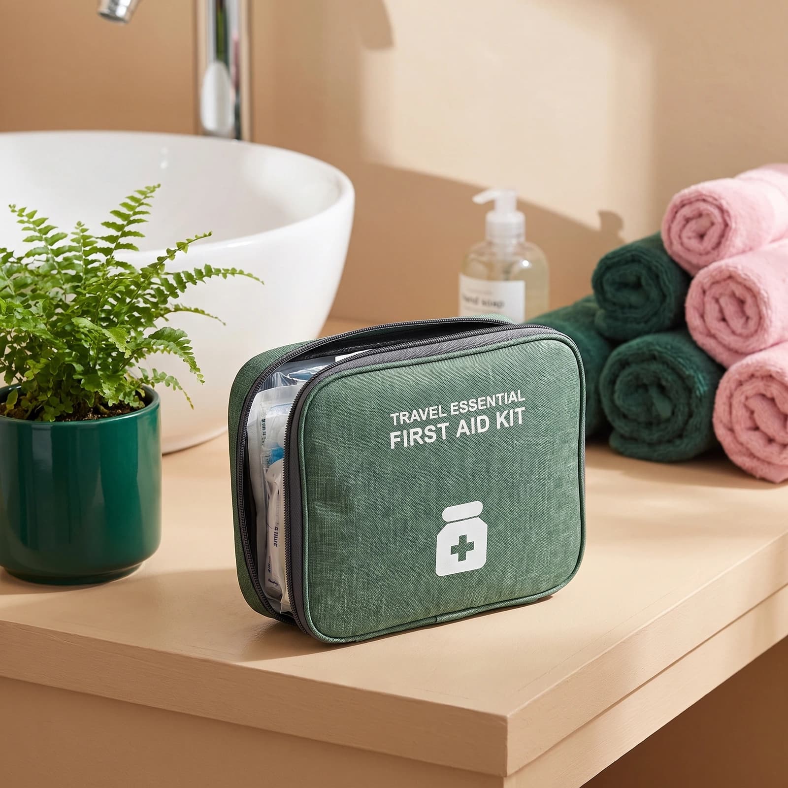 Green fabric travel first aid kit bag with a white medical cross icon, partially unzipped, on a wooden counter.
