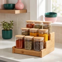 Nine clear square glass storage jars with light wood lids on a matching tiered wooden stand, displayed against a plain light… - view 1