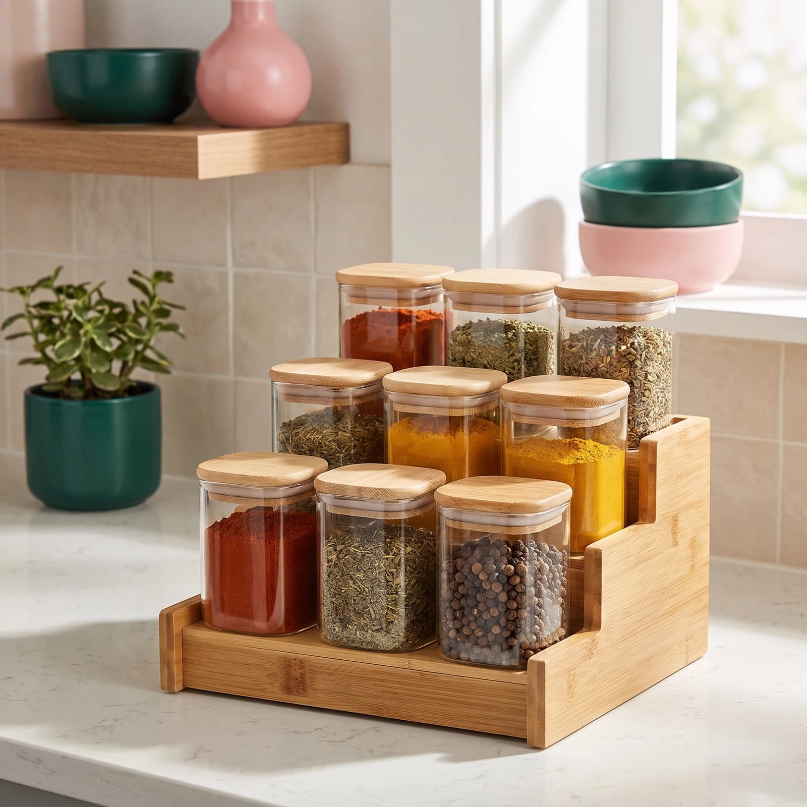 Nine clear square glass storage jars with light wood lids on a matching tiered wooden stand, displayed against a plain light…