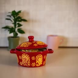 Red Porcelain Serving Pot with Lid - Yellow Paisley Design - view 1