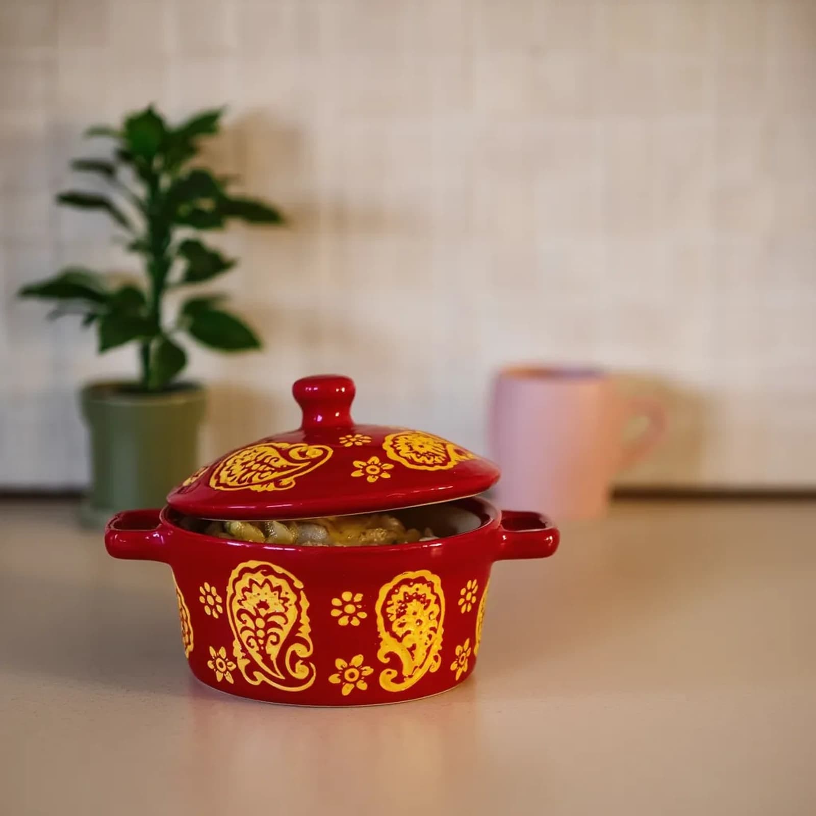 Red Porcelain Serving Pot with Lid - Yellow Paisley Design