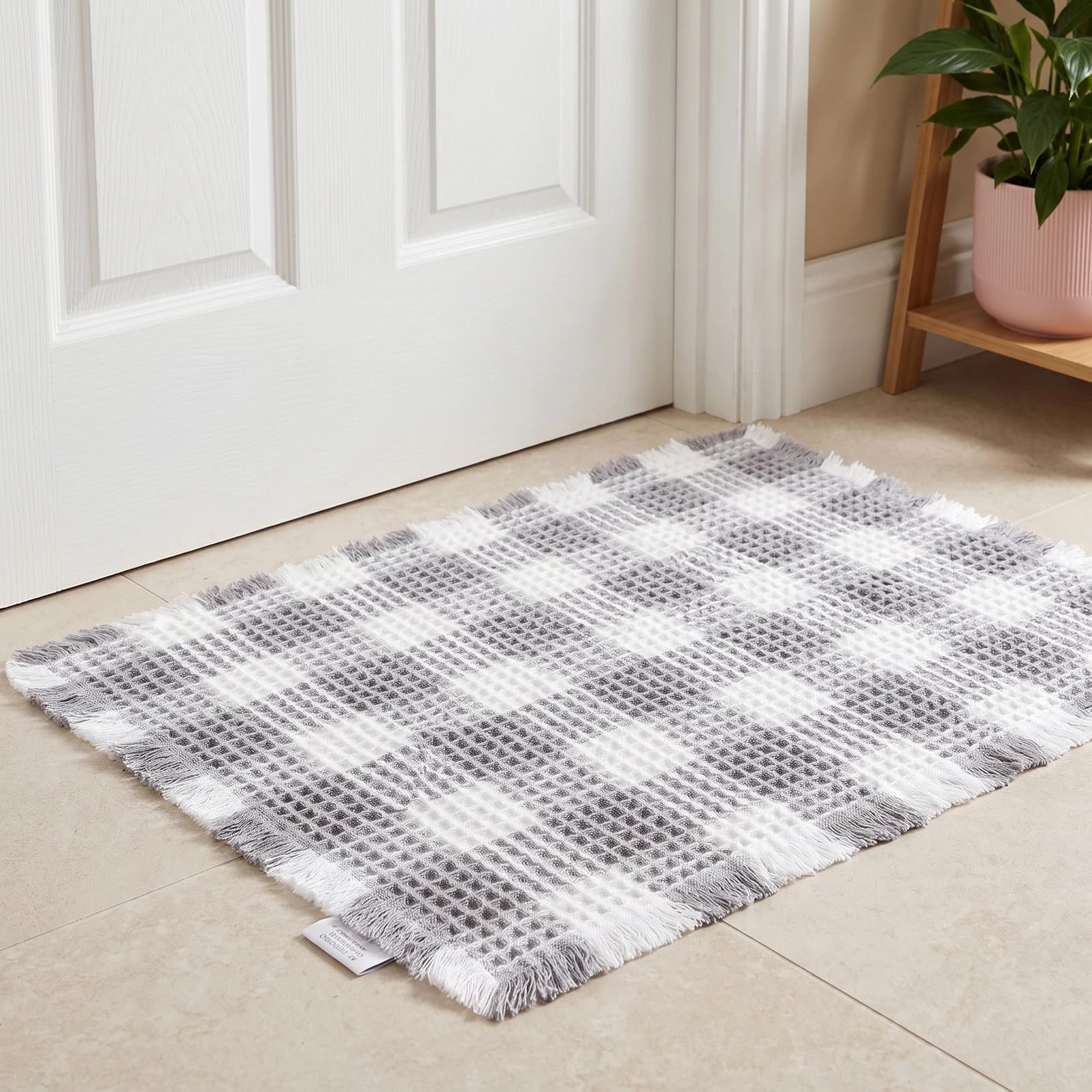 Rectangular grey and white checkered waffle-textured bath mat with fringed edges on a white background.