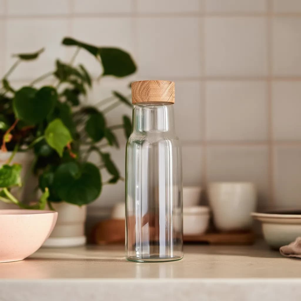 Clear Glass Bottle with Wood Lid