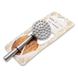 Silver metal meat tenderizer with a dual-sided head and a light brown metal handle, on retail packaging. - view 4