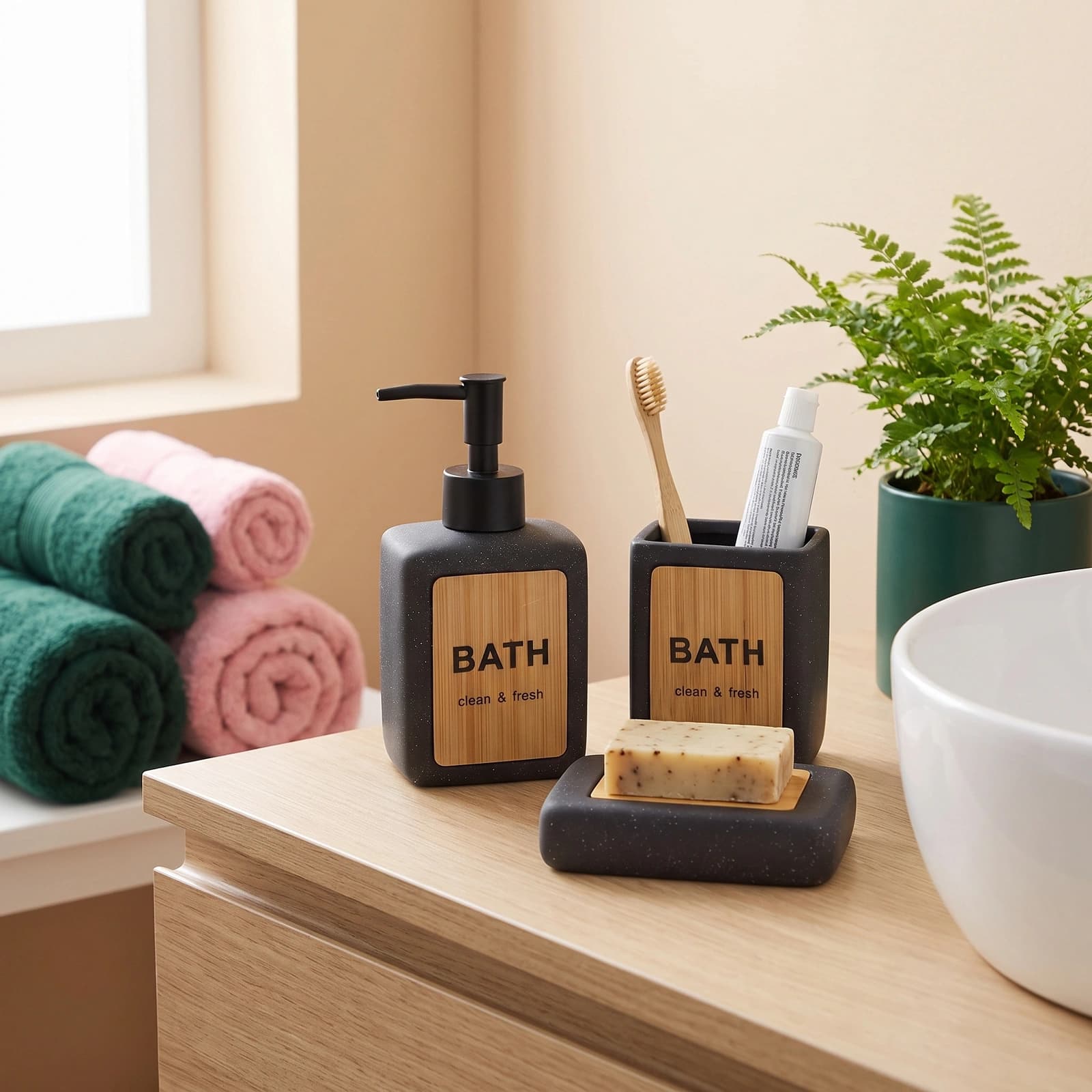 Three-piece black speckled ceramic bathroom set with light wood panels, including a soap dispenser, toothbrush holder, and s…