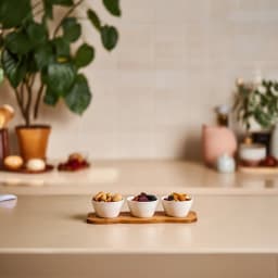 Three white porcelain serving bowls with embossed patterns on a light brown wooden tray, isolated on white. - view 6