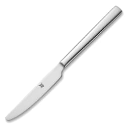 Six silver stainless steel dinner knives with serrated edges, arranged diagonally on a white background. - view 2