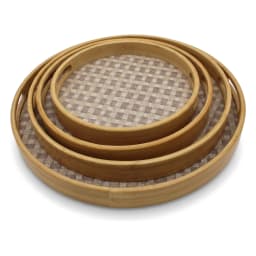 Round Wood Serving Tray - Natural Beige Woven Base 4 piece - view 4