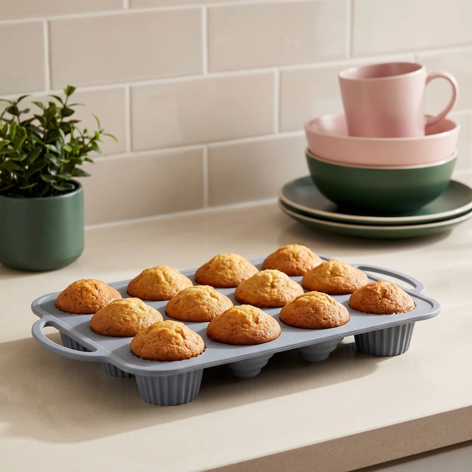 Grey silicone baking tray with 12 cavities, including 6 round and 6 fluted shapes, on a white background.
