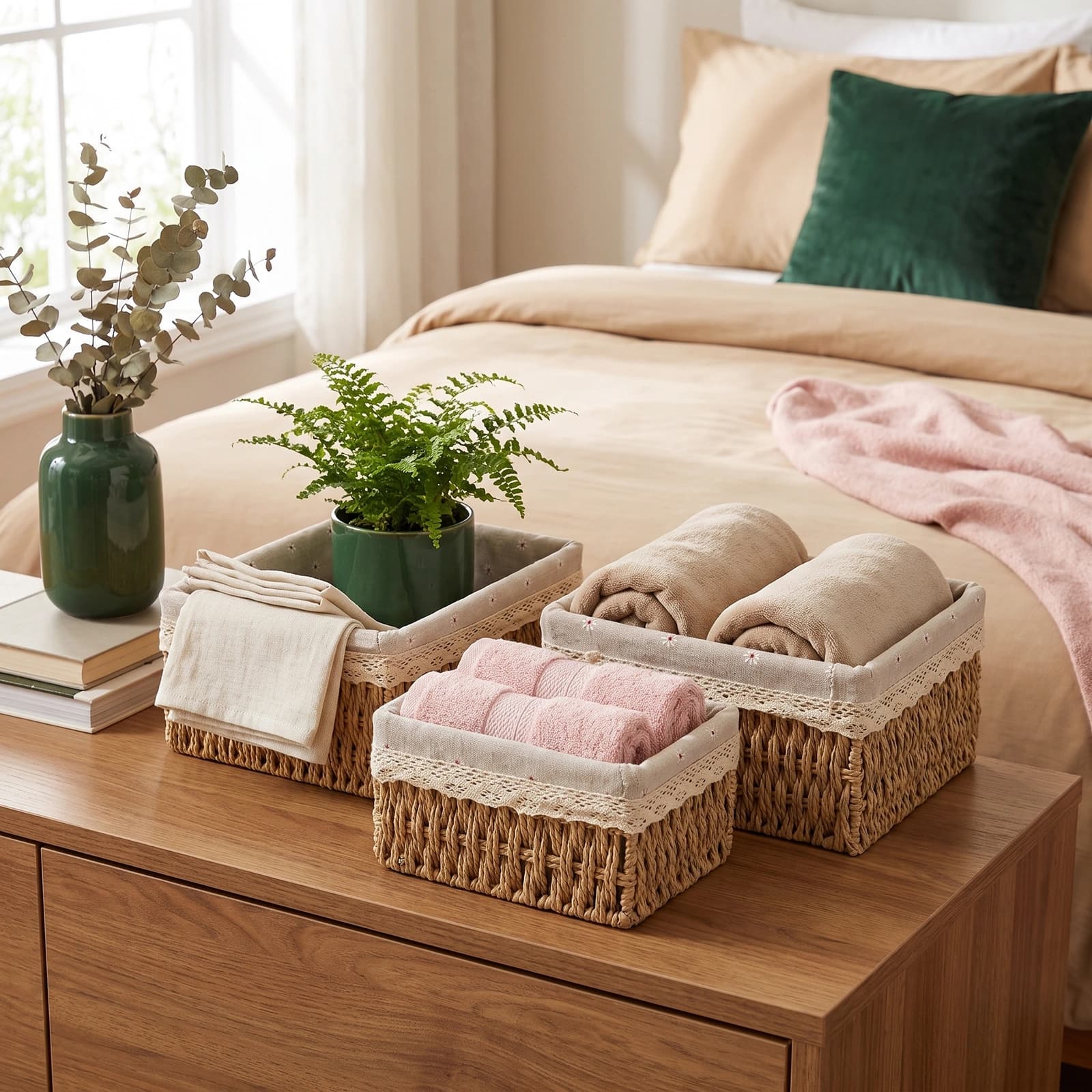 Three rectangular natural beige khous storage baskets with floral fabric liners and lace trim, varying sizes.