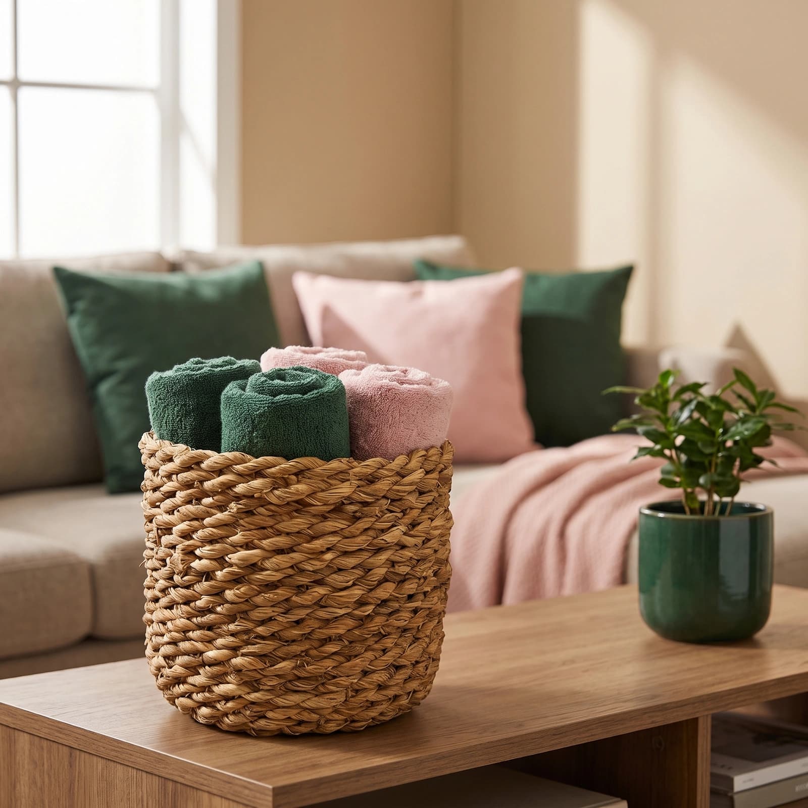 Set of three round natural light brown khous storage baskets of varying sizes on a white background.