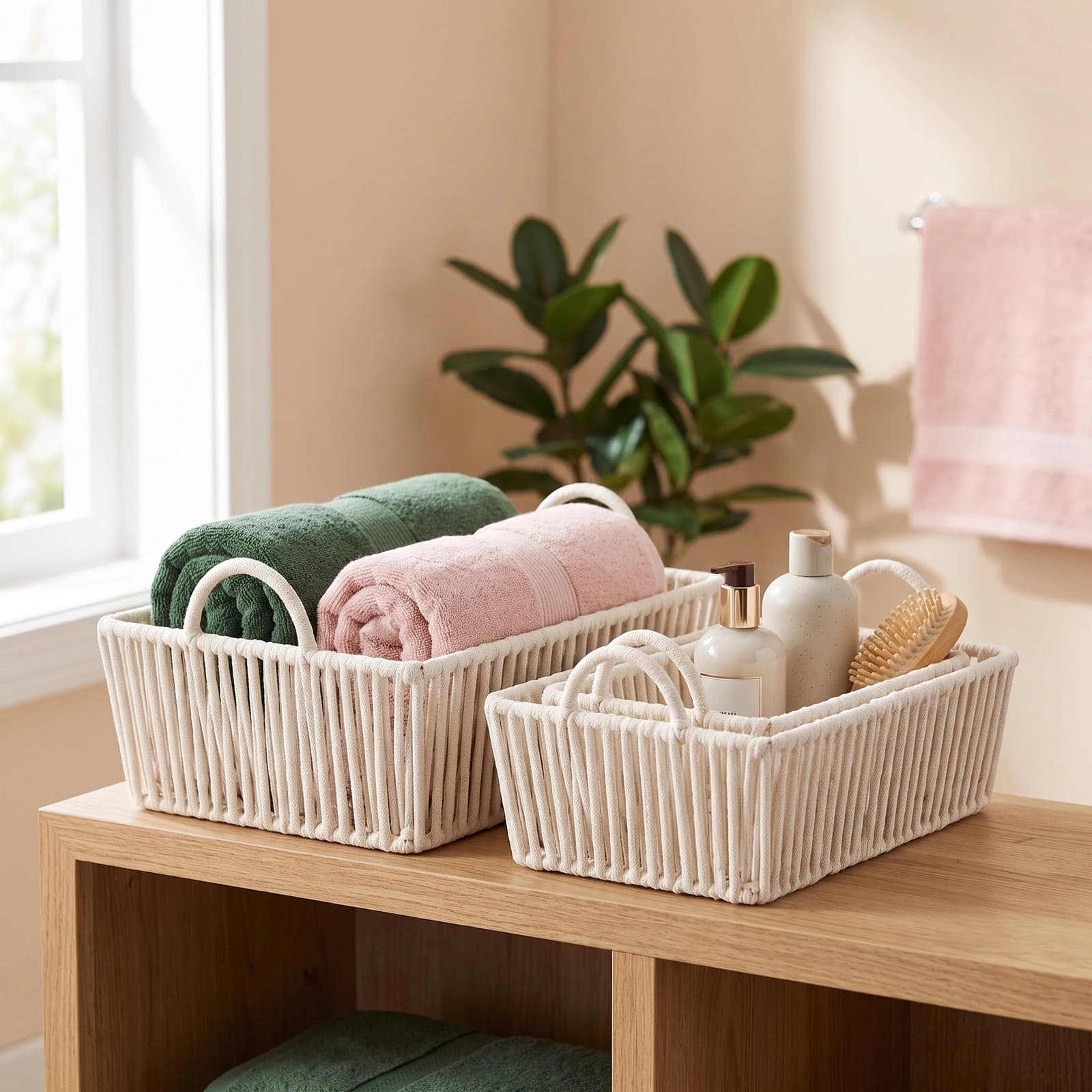 Three rectangular cream Khous storage baskets with handles, nested inside each other, on a shelf.