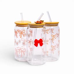 Glass Cup with Bamboo Lid & Straw - Bows Design - view 2