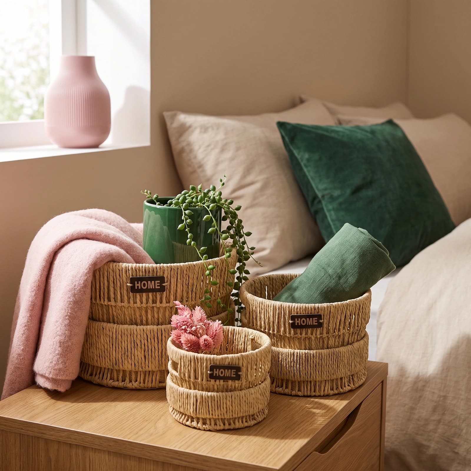 Set of three round natural khous woven storage baskets with 'HOME' tags, varying in size, on a white background.