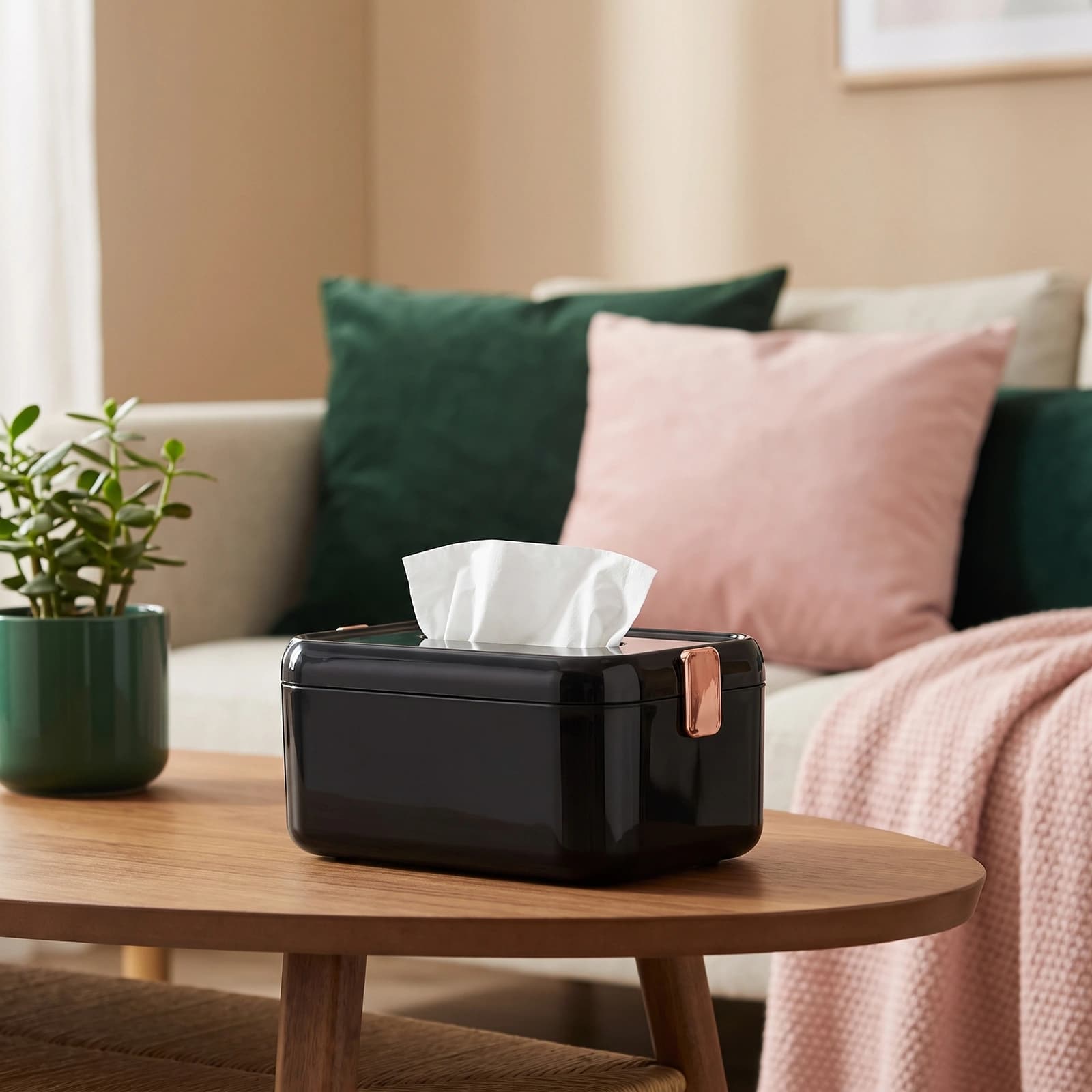 Black rectangular plastic tissue box with a top slot and rose gold colored clips on the sides, on a white background.