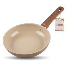 Mocha beige ceramic frying pan with a soft-touch handle, 20 cm diameter, shown with product label on a white surface. - view 3