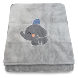 Folded grey microfiber towel with an embroidered cute grey elephant wearing a blue and pink striped hat - view 3