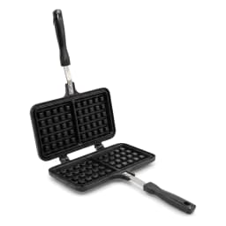 Black granite stovetop waffle maker, open, showing square waffle grids and long black handles on a white background. - view 2
