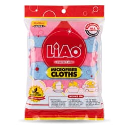 Pack of 6 pink and blue microfiber cleaning cloths, 30x30cm, in clear plastic packaging with product details - view 2