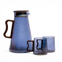 Textured Glass Pitcher & 2 Glasses Set - Blue with Brown Handles - view 1