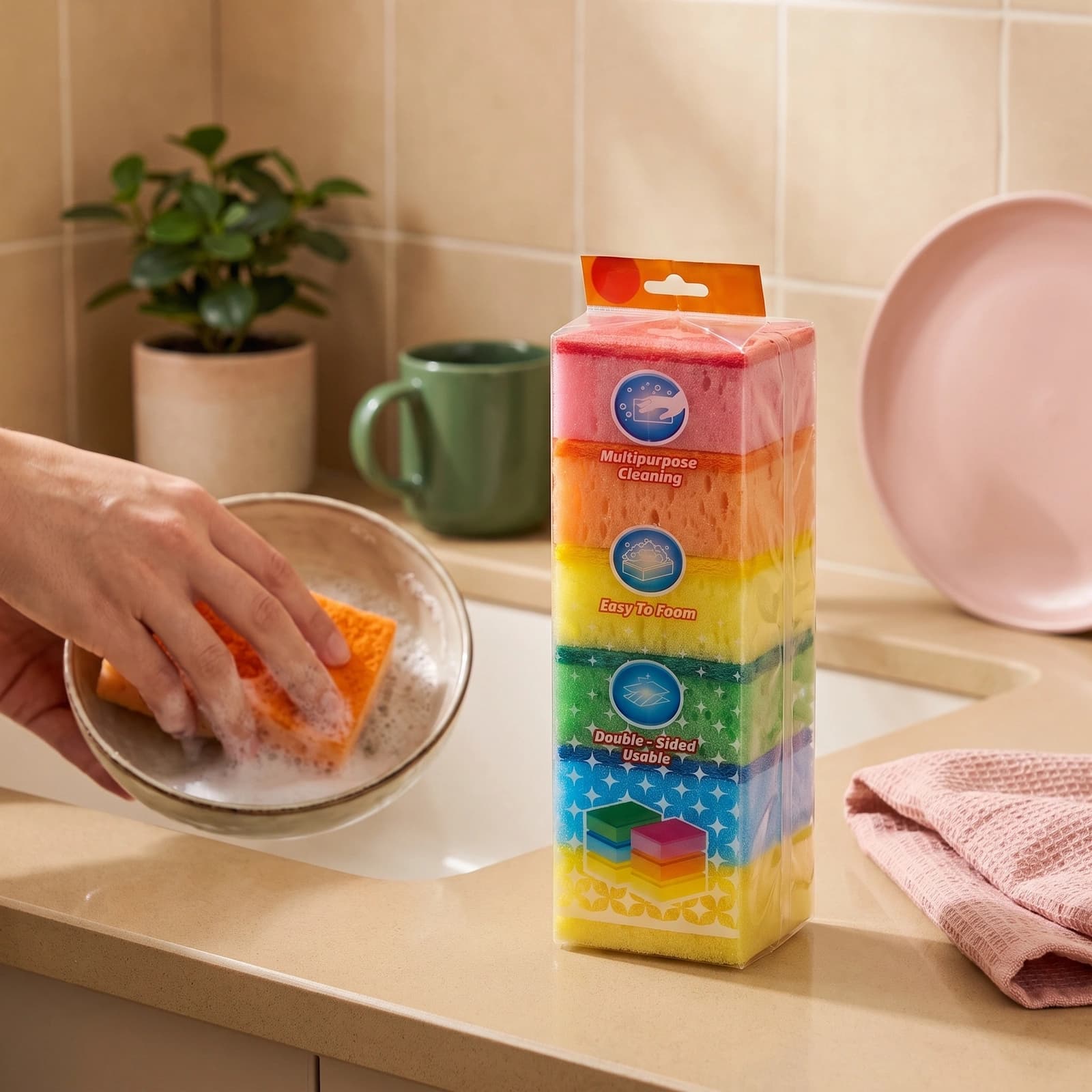 Multipurpose Cleaning Sponges - Pack of 6 Assorted Colors - Cleaning Essentials