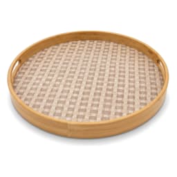Round Wood Serving Tray - Natural Beige Woven Base 4 piece - view 3