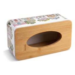 White rectangular metal tissue box with a light brown wooden lid, decorated with a colorful village street scene. - view 3