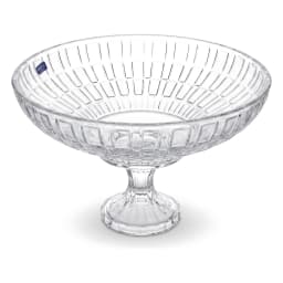 Clear glass fruit bowl with a textured pattern and a decorative pedestal base on a white background - view 2