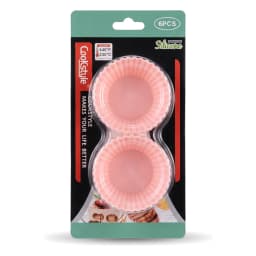 Two pink fluted silicone cupcake molds visible in clear plastic packaging, indicating a set of 6 molds. - view 3